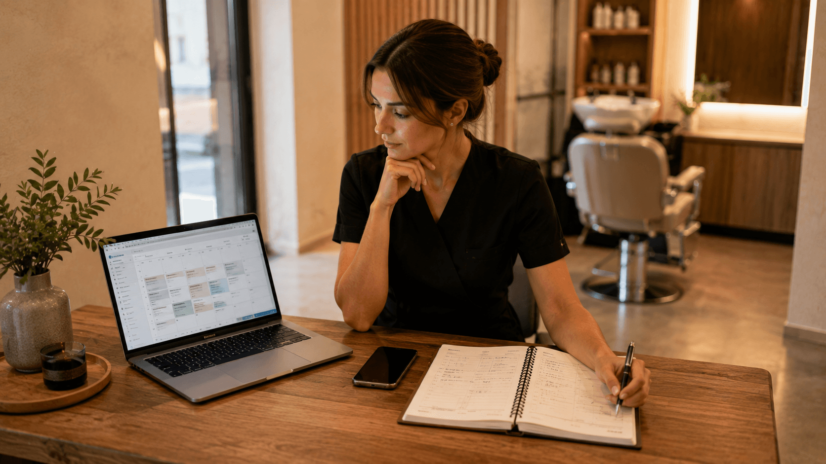 Une professionnelle compare un agenda papier et un logiciel de réservation sur un ordinateur portable dans son salon, illustrant le choix entre une gestion traditionnelle et numérique des rendez-vous.