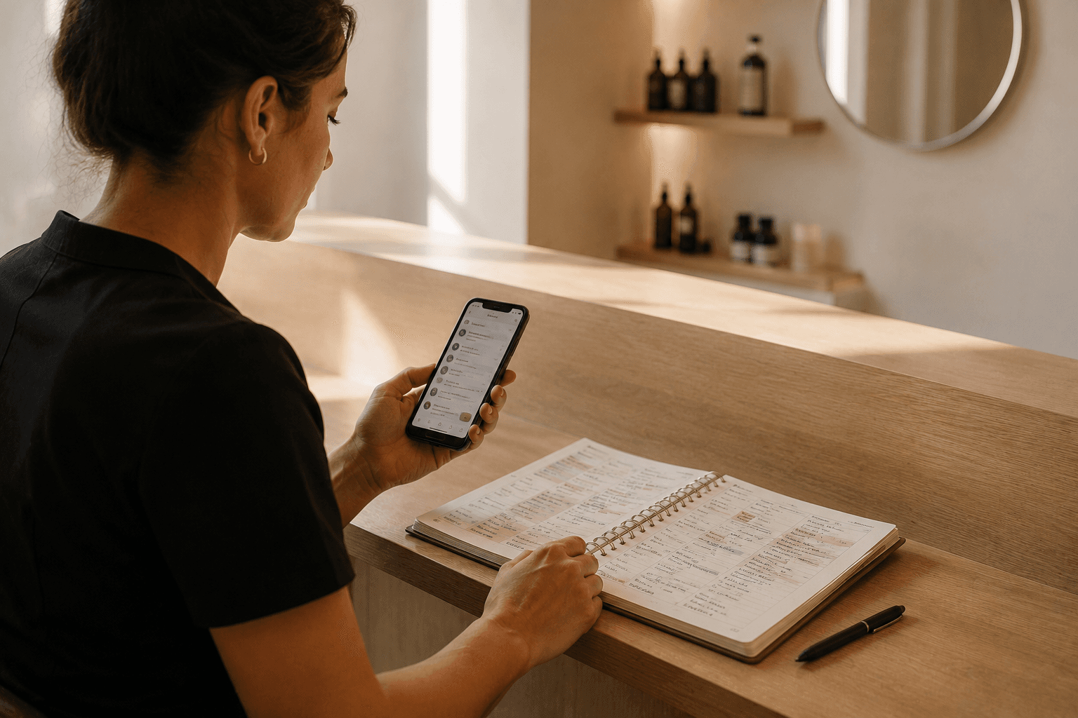 Une esthéticienne consulte les messages reçus sur son smartphone tandis qu'un carnet de rendez-vous est ouvert sur le comptoir de son institut. Cette scène illustre les limites de la gestion des réservations via les messages privés et les risques de désorganisation du planning.