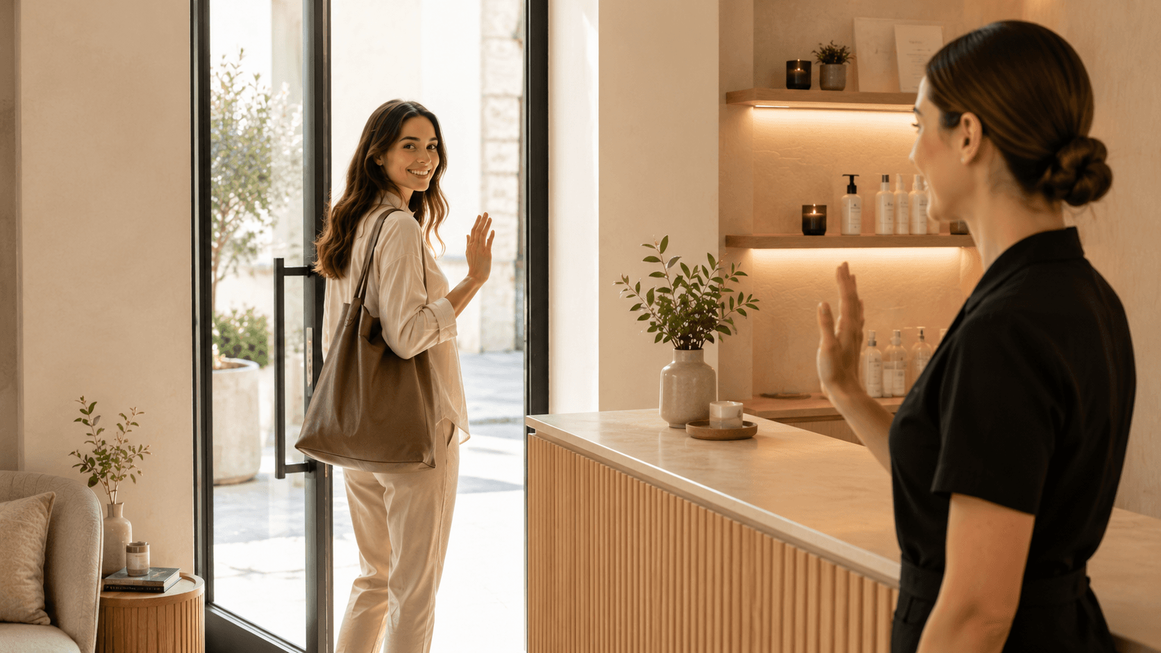 Une cliente quitte un salon de massage en saluant la praticienne restée à l'accueil, illustrant la fidélisation de la clientèle après une expérience positive.