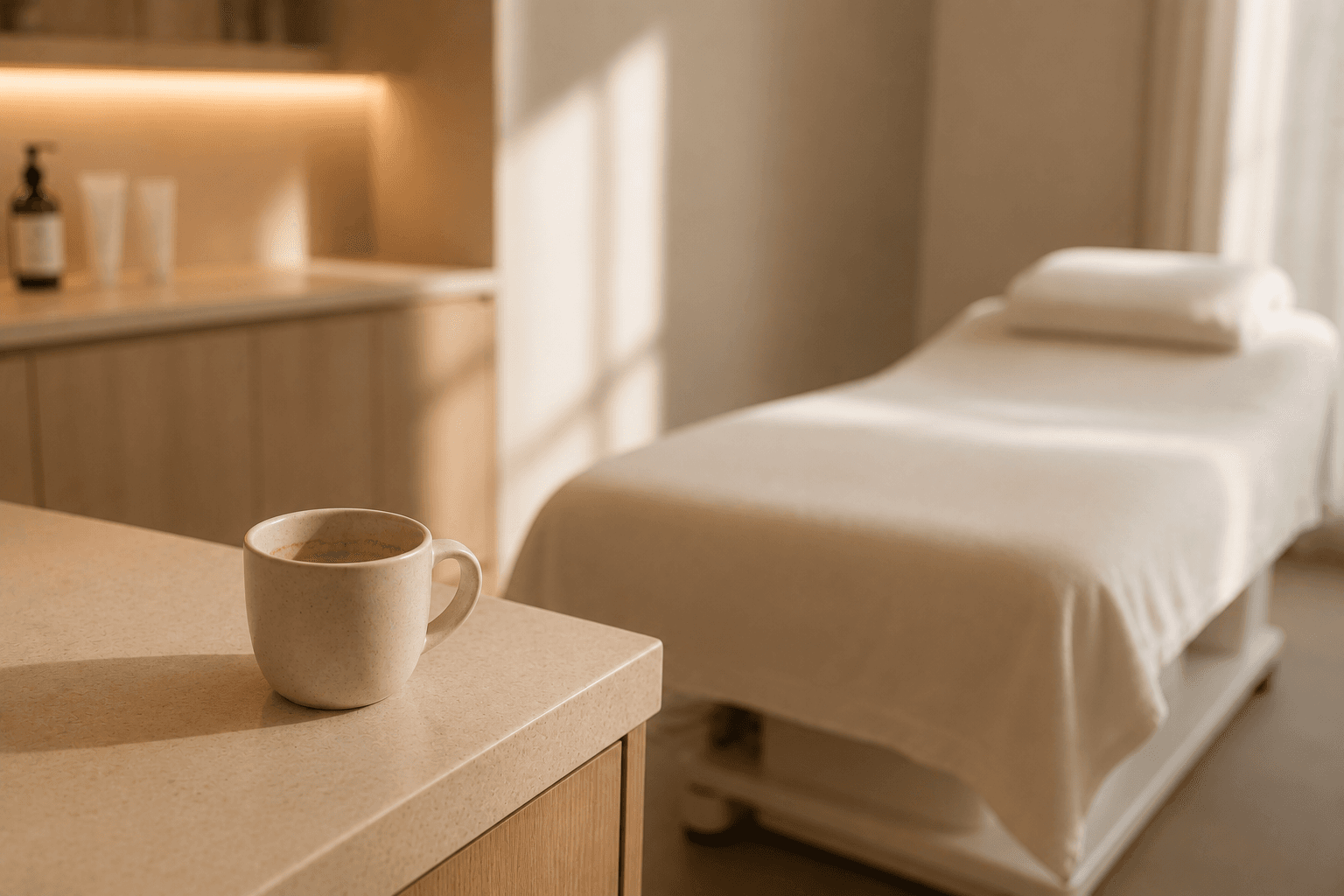 Une cabine de soin parfaitement préparée reste vide, tandis qu'une tasse de café refroidit sur le comptoir, illustrant le coût d'un rendez-vous oublié.