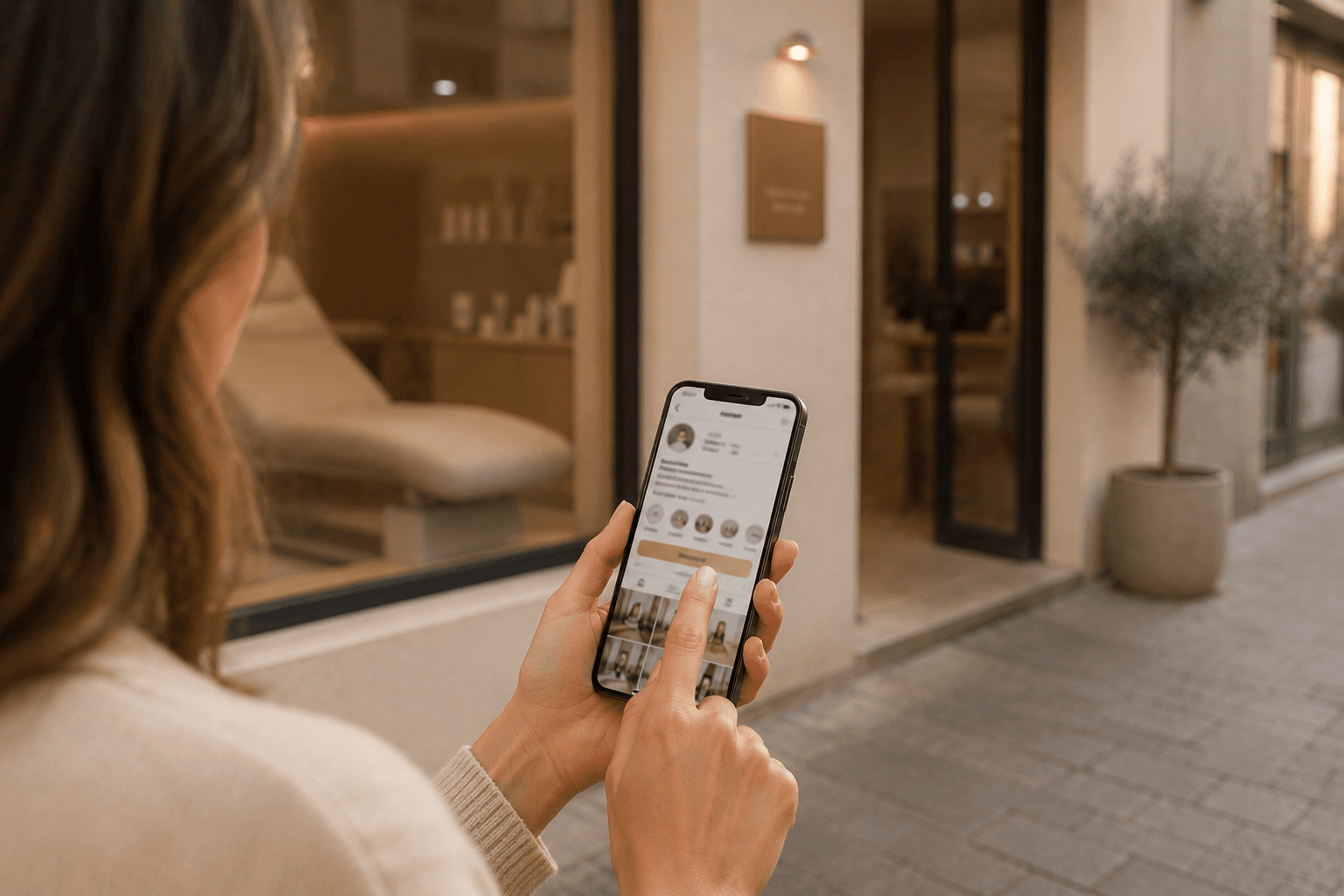 Une cliente consulte le profil Instagram d'un institut sur son smartphone et s'apprête à ouvrir le lien de réservation, devant la façade du salon.