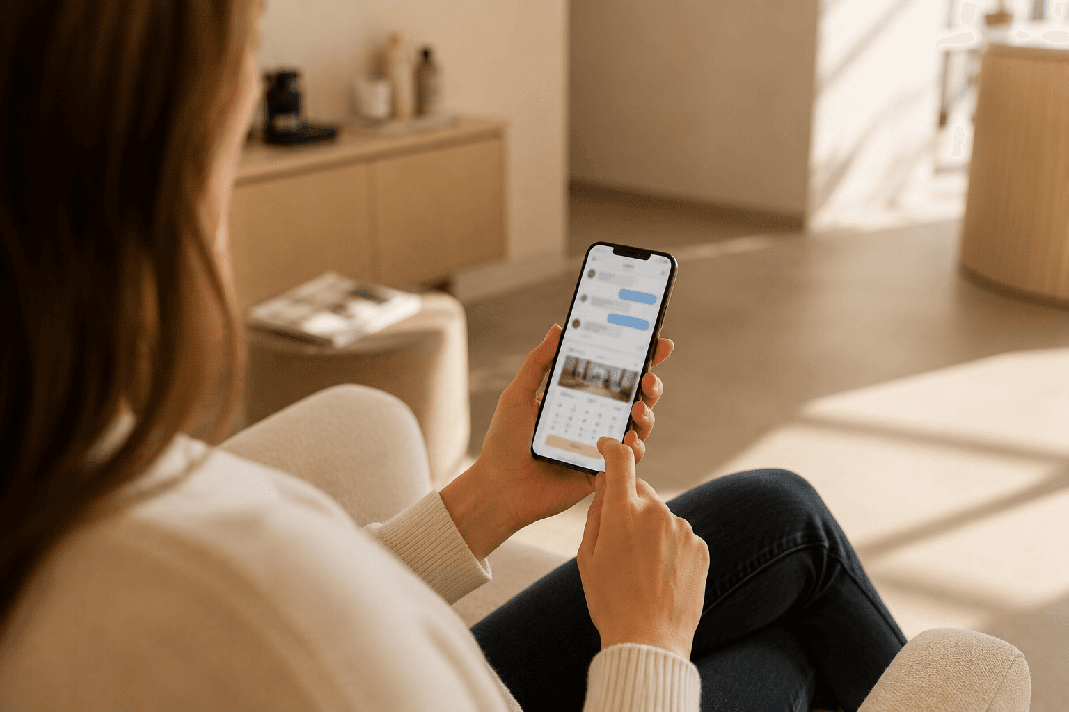 Une cliente consulte son smartphone pour passer d'une conversation privée à une réservation en ligne, illustrant la prise de rendez-vous sur le site d'un institut.