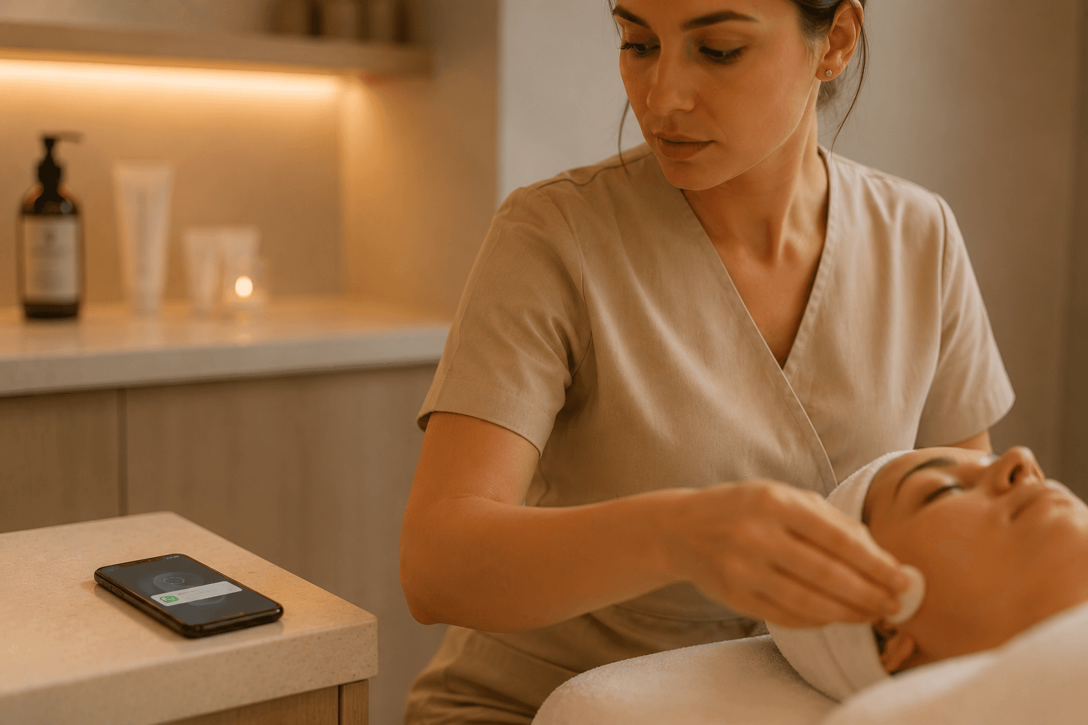 Une esthéticienne réalise un soin du visage tout en jetant un regard vers une notification WhatsApp sur son téléphone, illustrant les interruptions en institut.