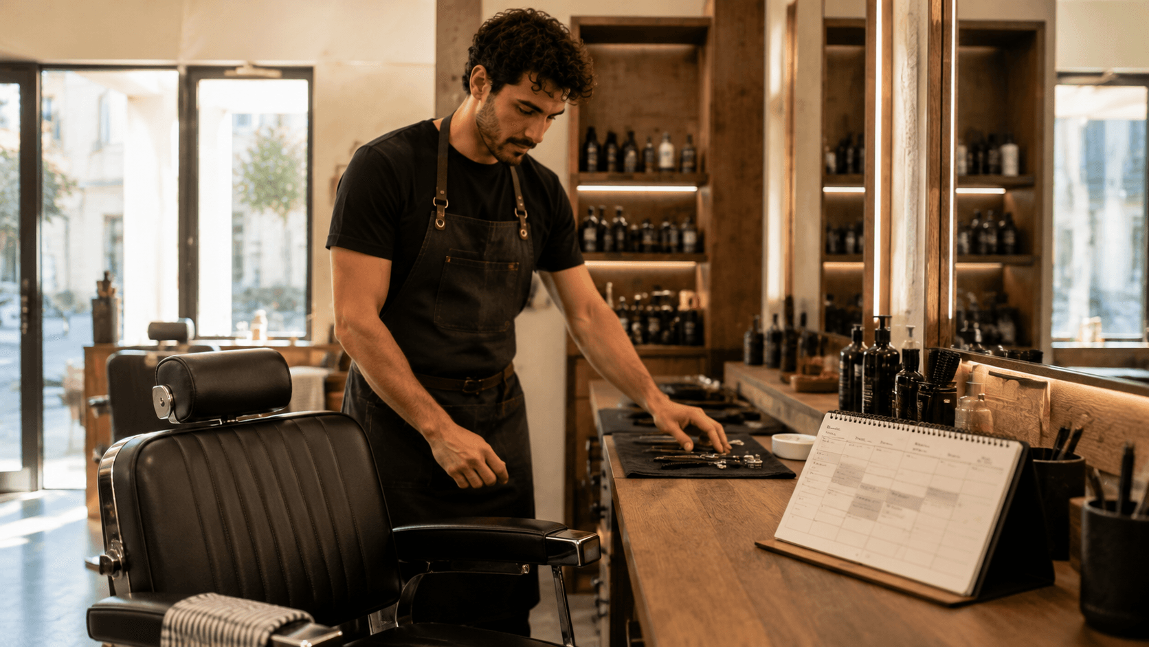 Un barbier prépare soigneusement son poste de travail avant l'ouverture, avec un agenda de rendez-vous déjà partiellement rempli posé sur le comptoir.