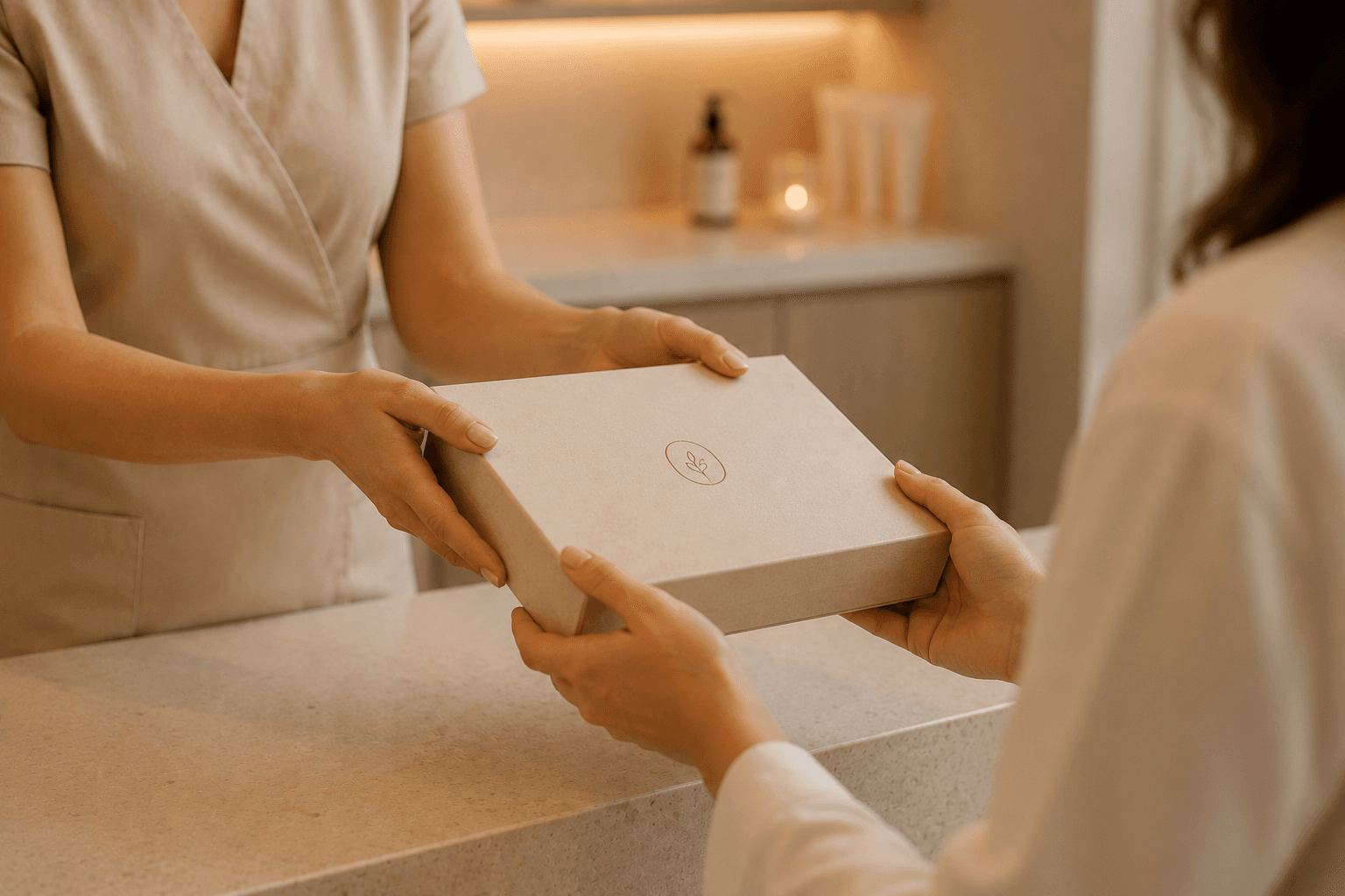 Une esthéticienne remet un élégant coffret à une cliente à l'accueil de son institut, illustrant la vente de forfaits et d'abonnements.
